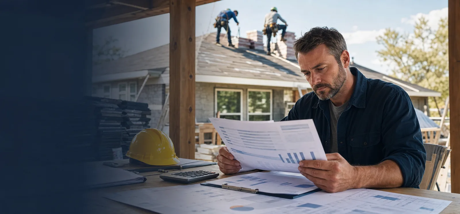 Roofing business owner reviewing invoices and job-cost reports while a roofing crew works nearby